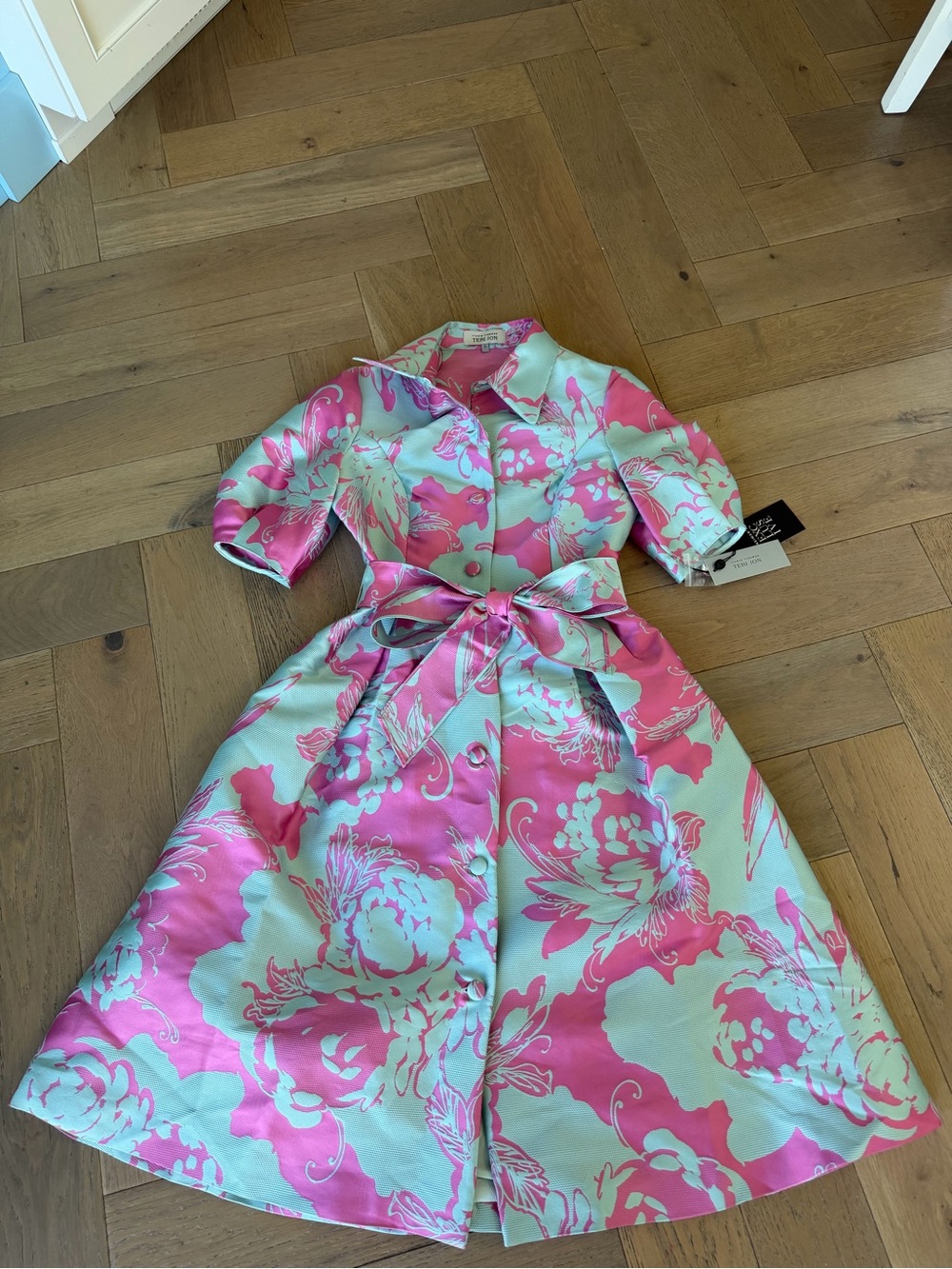 Teri Jon Pink & Mint Floral Fit-and-Flare Midi Dress